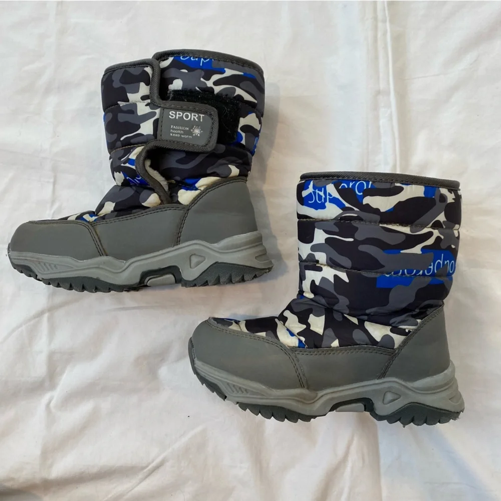 SNOW BOOTS Blue Waterproof Camouflage Camo Blue Black Gray Rain Winter Outdoor